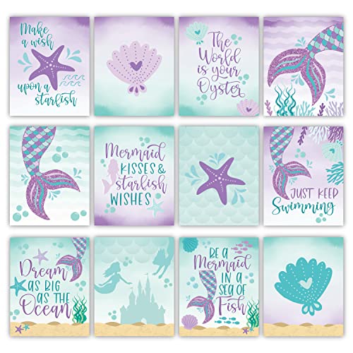 Image of Hadley Designs 6 Mermaid Room Decor for Girls - Mermaid Wall Art for Bedroom and Bathroom, Reversible Unframed Under the Sea Prints for Girls Bedroom, Kids Room Decor Posters, Made in USA