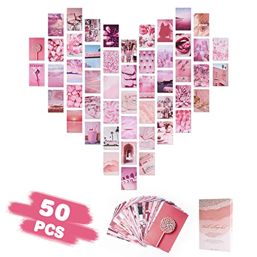 Jubor Lot de 50 Tableaux de Collage Mural, Collage Mural Aesthetic Style Boho, kit de Collage élégant pour Décoration Murale Chambre Dortoir - Rose Cover