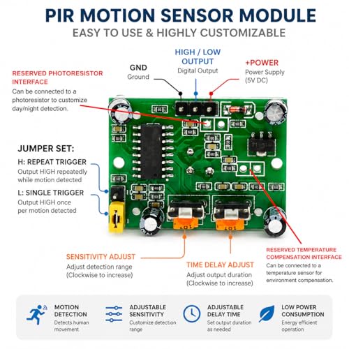 2-Pack HC-SR501 PIR Motion Sensor Module with Adjustable Sensitivity & Delay, 5V DC, for Arduino Compatible, Green PCB - Image 3