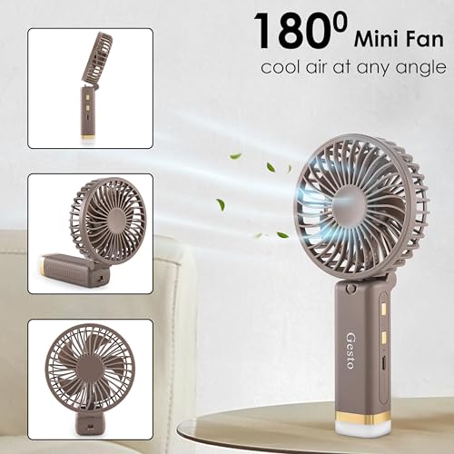 Image of Gesto Portable Fan Rechargeable with LED Light - Foldable Mini Fan, Small Fan,USB Charging Hand Fan with 1200mAh Battery & 3 Speed Modes | Travel, Makeup, Kitchen,Women's Personal Pankhaa - Grey