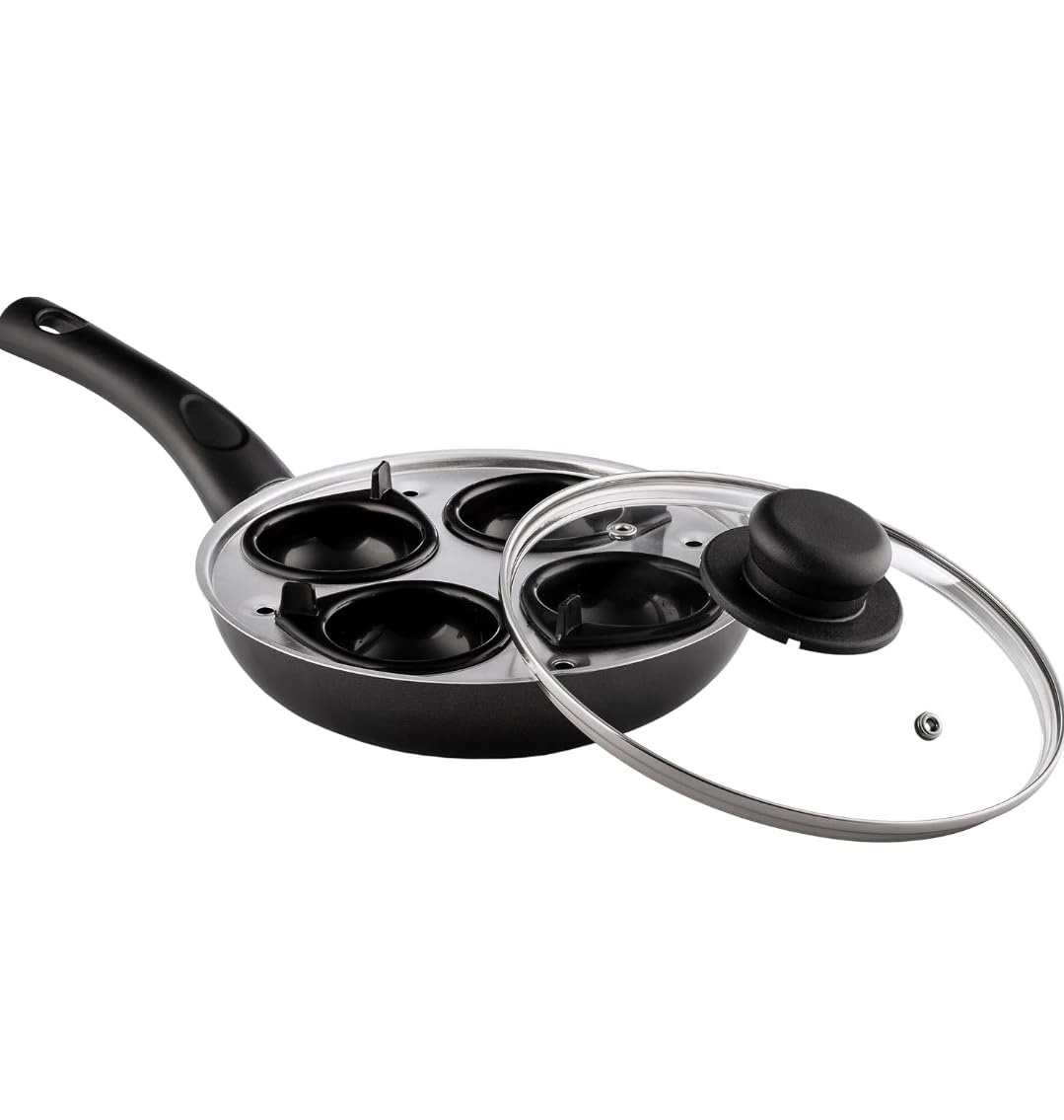 COOKCLASSIC Non-Stick Egg Poacher Pan, 4 Cup Egg Poacher, 20 cm Frying pan, Tray, 4 Cups with Glass Lid, UK MADE, Dishwasher Safe, Suitable for All Hobs except Induction