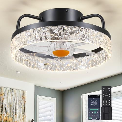 Image of Mpayel 13 inch Ceiling Fans with Lights and Remote - Flush Mount Low Profile Ceiling Fans - Bladeless Enclosed Fans with Led Light and Stepless Dimming, Small Modern Fan for Bedroom