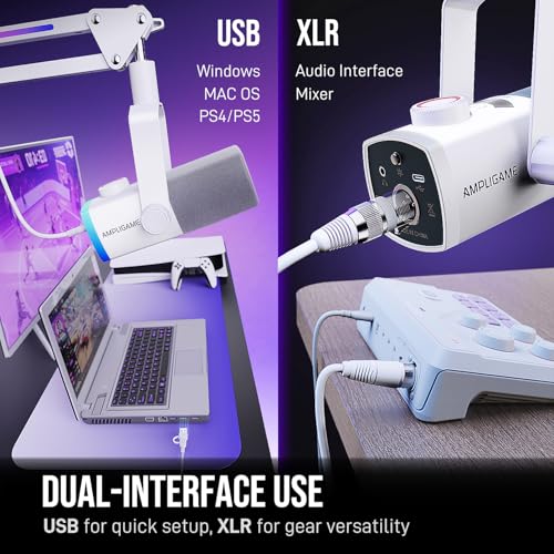Image of FIFINE Streaming Microphone Kit for Gaming, XLR /USB Dynamic Mic with RGB Boom Arm Stand for Podcast Vocal, PC Microphone with Mute Tap, 3-in-1 Volume Knob, Audio Balance-AmpliGame AM8PROT White