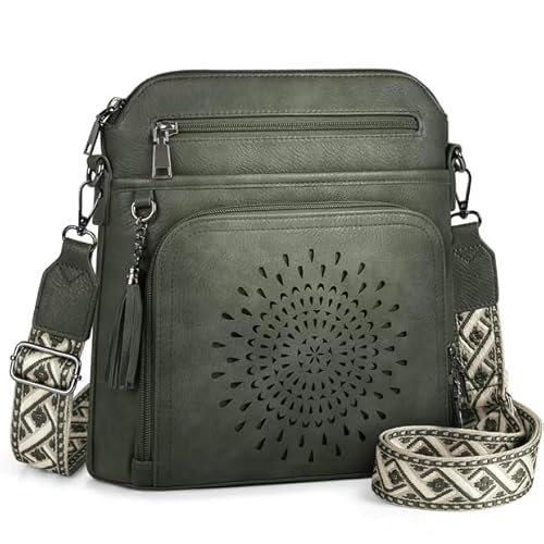 RAINSMORE Cross Body Bag Women Soft PU Leather Trendy Handbags & Shoulder Bag Adjustable Wide Straps Spacious Organised Purse for Daily Use Commute & Travel Green