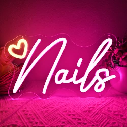 Image of SYLHOME Led Neon Light Sign Nails With Heart Nail Studio Beauty Salon Business Makeup Room Wall Sign Decor Birthday Party Backdrop 11.81 inch X 6.7 inch USB