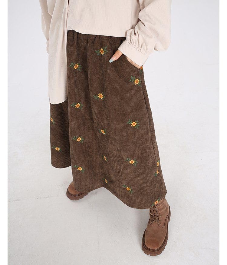 utcoco Womens Corduroy Floral Embroidery Long Skirts Stretchy High Waist A Line Swing Midi Skirt with Pockets4