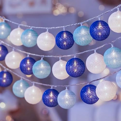 ENLACE Guirlande lumineuse LED en coton - 1,5 m - 10 LED - Boules en coton - Bleu clair et blanc - Pour chambre d'enfant, chambre à coucher, mariage, Noël,...