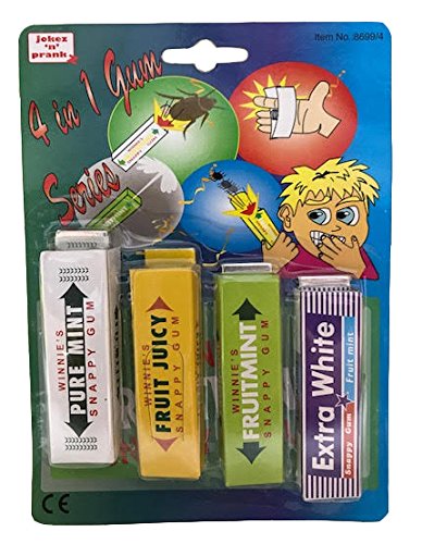 4 In 1 Chewing Gum Classic Jokes Gag Trick Practical Joke Set Snappy Gum, Squirt Gum, Bug Gum
