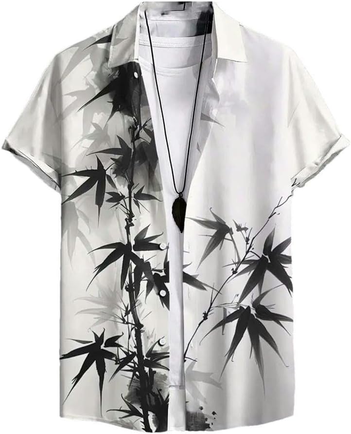 Men's Short-Sleeved Shirt Chinese Style Hawaiian Lapel Casual V-Neck Quick-Drying Lightweight top Summer