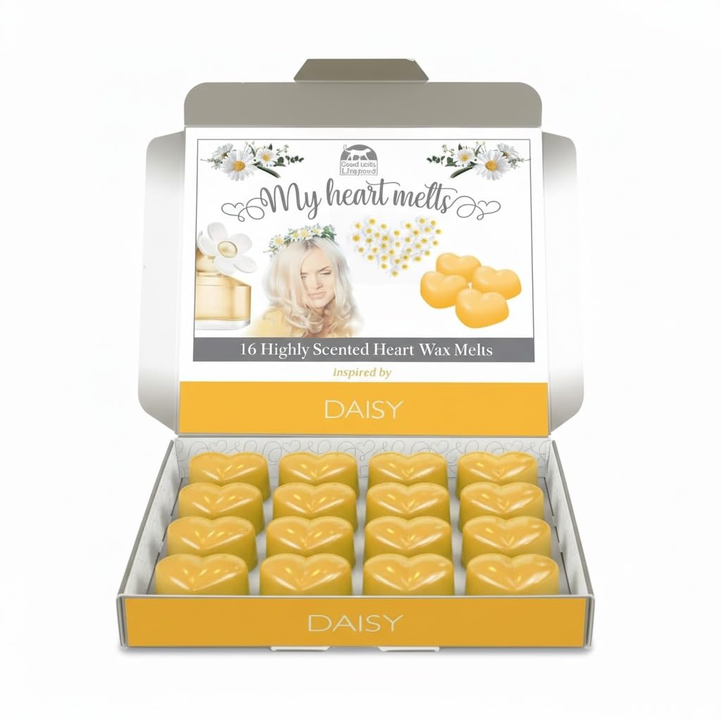 Daisy Wax Melts - 16 x 5g Heart Shaped Strong Daisy Perfume Wax Melts in a Presentation Gift Box, Spotless Leopard Scented Candles Gift - Made in UK
