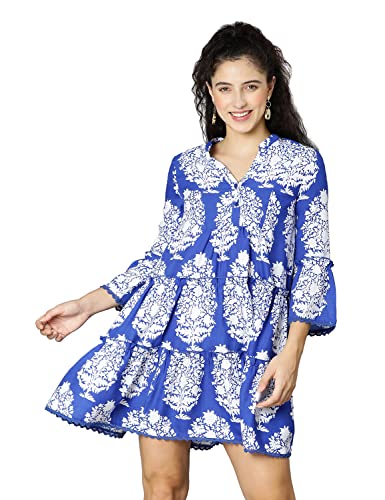 Image of oxolloxo Women Viscose Flared Regular Sleeves Floral Blue Casual Dress