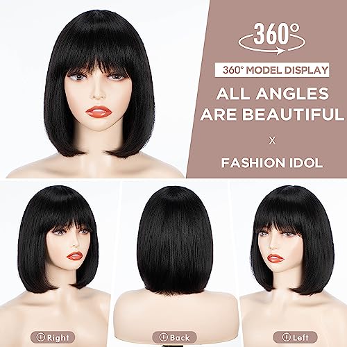 FASHION IDOL Bob Human Hair Wig with Bangs for Black Women Short Straight Hair 10 Inch Natural Black Glueless Machine Made Short Bob Wigs Wear and Go - Image 2