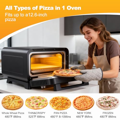 Image of NEWBULIG Electric Pizza Oven Indoor Countertop, Makes 12.6-Inch Pizzas in Minutes, Heats up to 750F Pizza Maker, Large Viewing Window, Interior Light, with Pizza Stone & Peel, Mechanical Control Knob