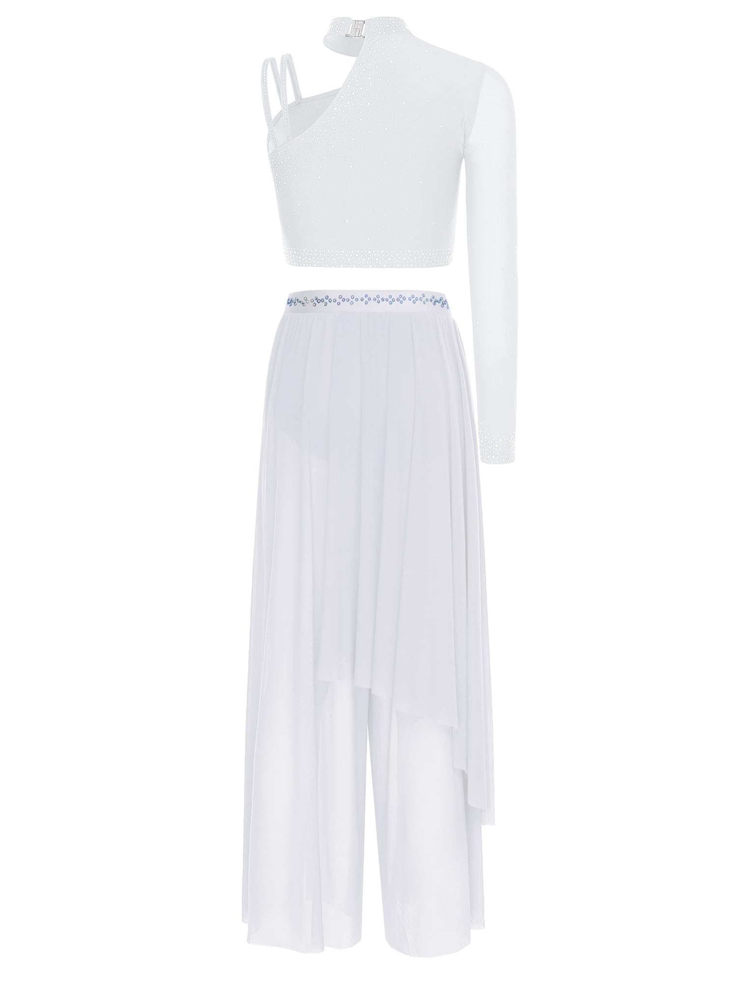 dPois Abito da Ballo Lirico Contemporaneo Donna Monospalla Maxi Vestito da Pattinaggio Artistico Crop Top Danza Moderna + Pantaloni Larghi Costume da Ginnastica Ritmica