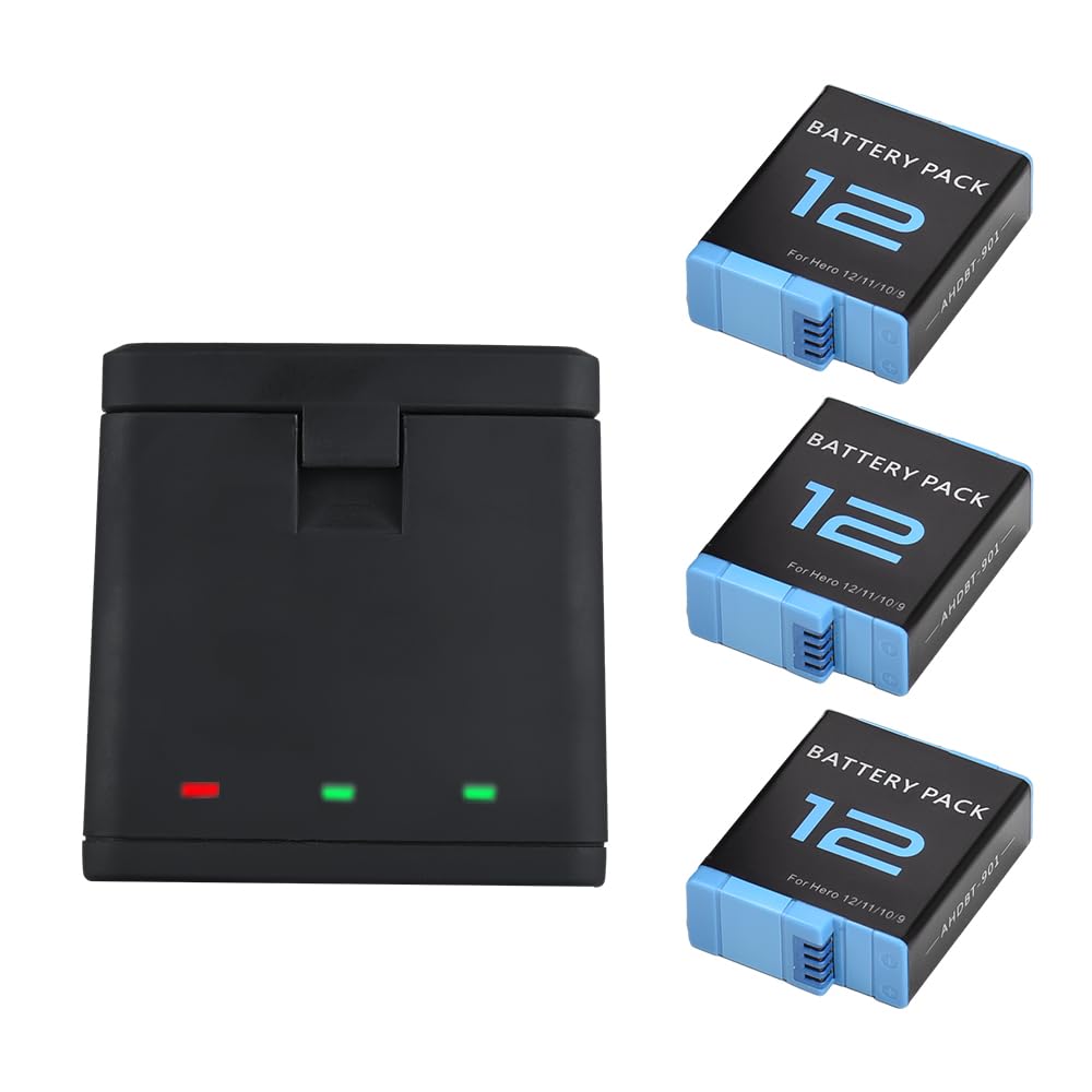 Andoer Batería de 3 Piezas de 1800 mAh + Cargador de batería de 3 Ranuras con Puerto USB Compatible con GoPro Hero 12/11/10/9