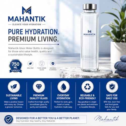 Image of 750ml Premium Square Glass Bottle with Leak Proof Stainless Steel Lid, Glass Juice Bottle for Water, Detox Drinks, Milk, Cold Coffee & Oil, Refrigerator Safe, Pack of 3