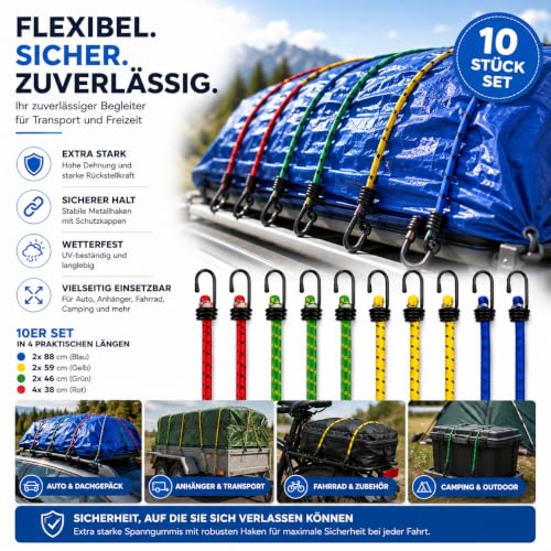 10er Expander mit Haken - Extra Starke Spanngummis - Gepäckspanner zur Befestigung - Spanngurte zur Ladungssicherung bei Transport - Autozubehör