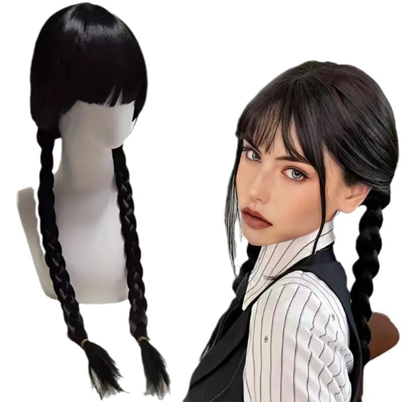 Wednesday Perücke Mädchen Schwarz Wigs Erwachsene Lange Schwarze Geflochtene Perücken Pony Zopf Kinderperücken für Faschingskostüme Karneval Halloween Cosplay