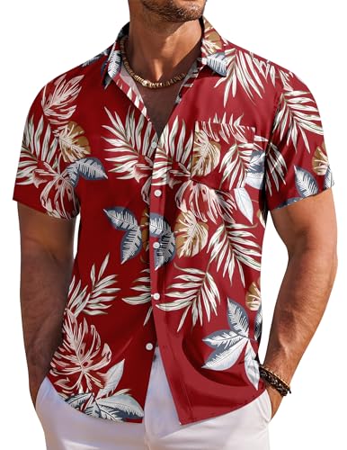 COOFANDY Hawaii Hemd Männer Kurzarm Sommerhemd Hawaiihemd Herren Urlaubshemd Blumen Strand Hemd Regular Fit Rot-Tropisches Blatt L