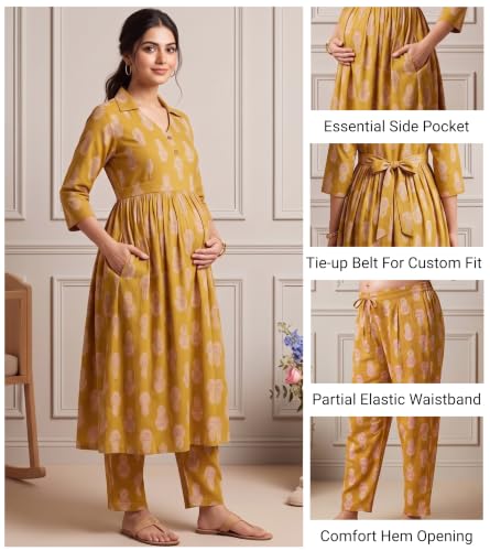 Image of DUMMY SHAPE Maternity Dresses for Women Cotton | Floral Kurta Pant Dupatta Set with Nursing Zippers, Side Pocket | Pre & Post Pregnancy | Feeding Kurti Suit | Baby Shower | Gifts for Pregnant Woman