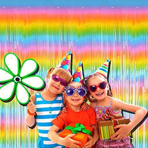 Image of 4 Pack Macaron Rainbow Foil Fringe Curtain Backdrop, 3.28Ft x 8.2Ft Metallic Tinsel Foil Fringe Streamer Curtains for Photo Booth, Birthday, Wedding, New Year's, Easter Decorations Party Supplies