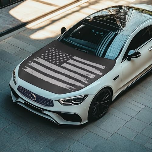 Image of Renewold American Flag Black Trendy Car Hood Cover for Snow Protector for Festival Decorative Hood Wrap Blanket for Outdoor Leaves Exterior Car Accessories for Friend Family Boss