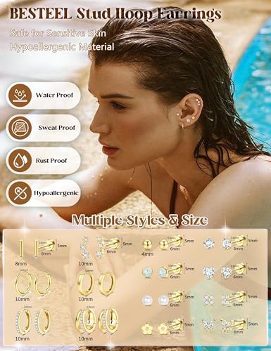 BESTEEL Hypoallergenic Flat Back Earrings - 14K Gold Cartilage Earring Sets 20G Surgical Stainless Steel Earrings for Women Small Hoop Flatback Stud Earring Stacks Helix Conch Tragus Piercing Jewelry3