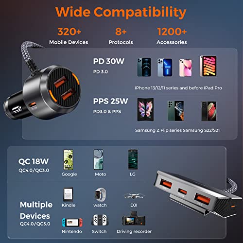 6 Multi Ports Usb C Car Charger, 96W Fast Car Charger Adapter For Multiple Devices, Pd 3.0 Cigarette Lighter For Back Seat Charging [6Ft Cable] For Iphone 14 13 12 11 Pro Max Mini Xr X Se Samsung S22 #TOP3