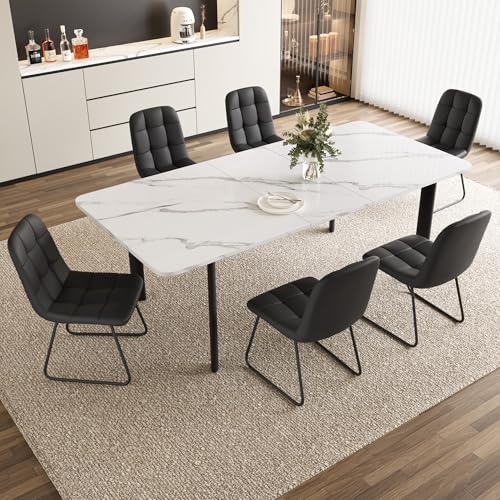 HIPIHOM Extendable Dining Table Set for 6-8 People, 63 to 78.7 Inch MDF Kitchen Table with 6 Upholstered Chairs, Space-Saving for Dining Room, Breakfast Nook (White Table & 6 Black U-Shaped Chairs)
