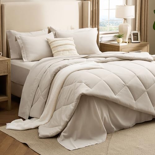 Image of Bedsure 5 Pieces Twin Comforter Set Premium Series, Hotel Luxury Soft Bed in a Bag, Goose Down Alternative, Safe for Sensitive Skin Bedding Comforter All Season Medium Warmth, Beige Twin Size