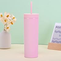Vista 4 de Essasea Vasos de color rosa claro mate con tapas y popotes. Vasos delgados de 16 onzas a granel. Vasos acrílicos de plástico de doble pared