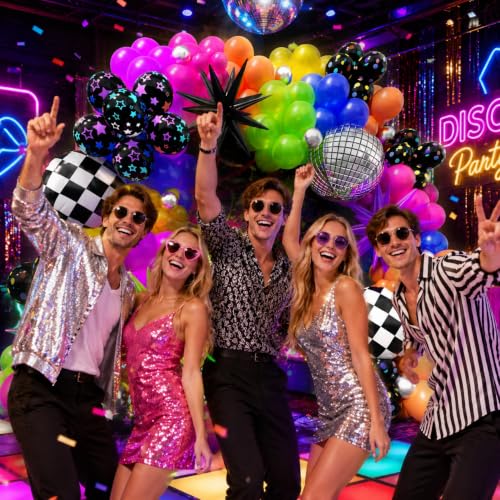 Image of 230Pcs Neon Balloons Arch Garland Kit with Glow in the Dark Balloons, Neon Balloons Arch Kit with Checkered Balloon for Back to 80s 90s DISCO Birthday Let's Glow Party Rock Roll Party Supplies