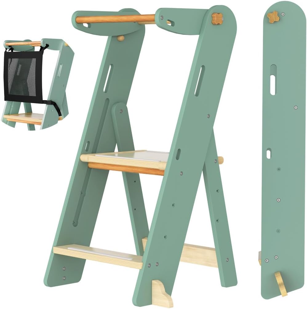 GROWNSY Foldable Step Stool Toddler Tower, Toddler Kitchen Stool Helper, Collapsible Kids Standing Tower with 3 Adjustable Heights and Safety Net for Kitchen Bathroom Sink Counter (Green)