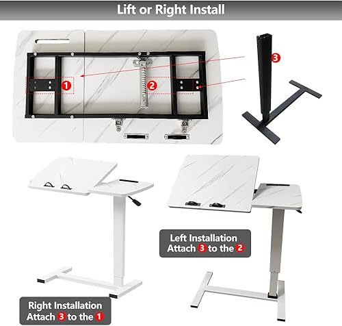Miniatura 8 de Mesa para cama de hospital, mesa neumática inclinable con ruedas ocultas de altura ajustable, carrito USB para portátil y bandeja rodante, mesita de