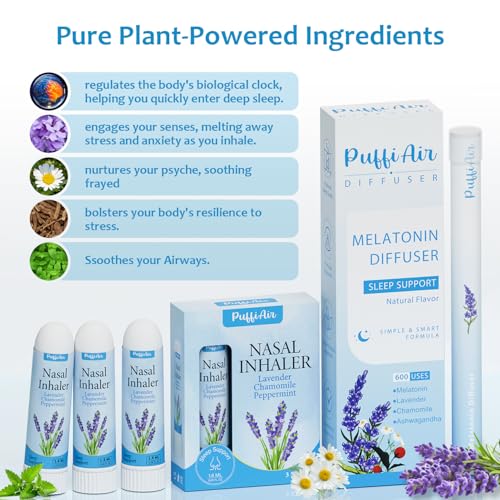 Image of PUFFIAIR Herbal Melatonin Diffuser + Lavender Nasal Sticks (3 Pack) | Lavender, Chamomile, Ashwagandha | Sleep Support, Stress Relief, Stuffy Nose Relief | 600 Uses
