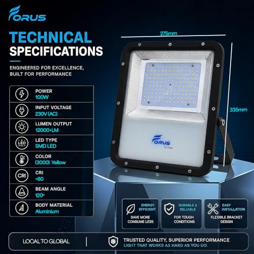 Image of Forus 100W LED Flood Light, IP67 Waterproof Outdoor LED Floodlight, High Mast Focus Yellow Light, 4-Yr Warranty, Energy Efficient Halogen Replacement for Factory, Garage, Parking, Garden, Shop (1 PC)