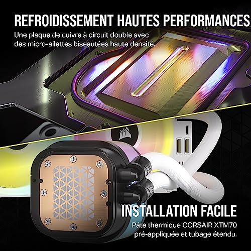 CORSAIR iCUE Link H100i RGB Liquid CPU Cooler - 240mm AIO - Ventilateurs QX120 RGB - Convient à Intel® LGA 1700, AMD® AM5 - Hub Système iCUE Link Inclus - Blanc