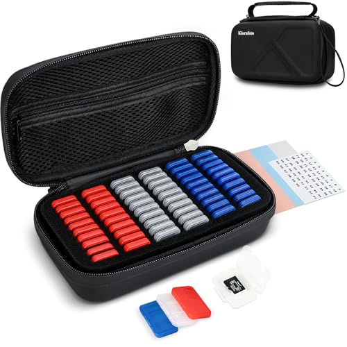 Image of EVA PU Micro SD Card Case with 60 Individual Plastic TF Card Holders - Water-Resistant, Anti-Shock Carrying Organizer with Handle & Label