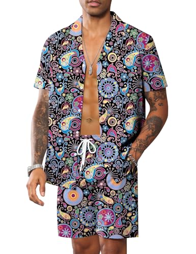 LecGee Men's Rave Outfits Hawaiian Shirts and Shorts Sets 2 Pieces Retro 80s 90s Outfit