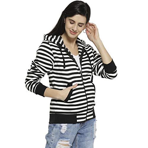 Image of PINACOLADA Women's Grey Zip-Front Horizontal Striped Hoodie for Casual Wear | Hooded Neck | Long Sleeve | Zipper Closure | Cotton Sweatshirt Crafted with Comfort Fit for Everyday Wear