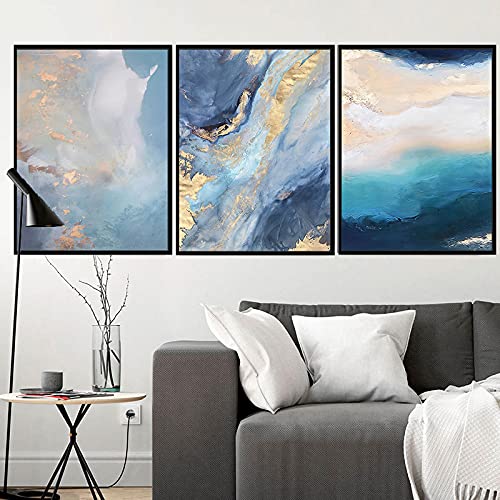Toile abstraite bleu marbre et feuille d'or d'art mural nordique haut de gamme