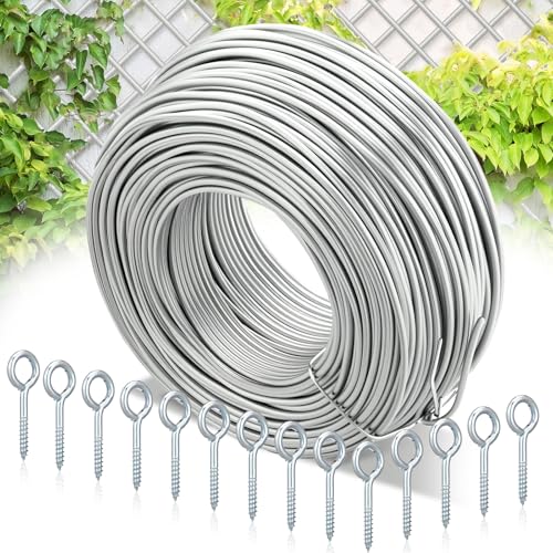 Blulu 200 ft Wire Trellis Kit 16 Gauge Galvanized Coated Steel Garden Wire Trellis with 20 Vine Eye Screws for Outdoor Wall Fence Grape Climbing Plants