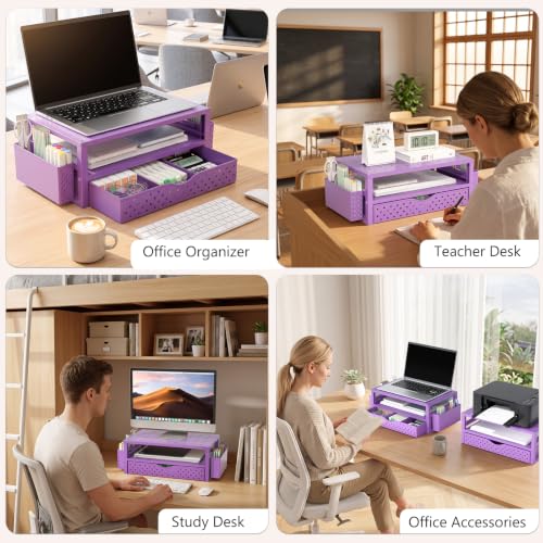 Image of WALI Desk Organizer with Drawer and Pen Holder, 3 Tier Computer Monitor Stand for Home Office Supplies, Laptop Stand Riser for Computer, Laptop, Printer(PTT004-V), 1 Pack, Purple