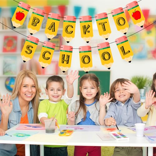 Image of Welcome Back to School Banner First Day of School Garland Pencil Apple Classroom Decorations for Teacher Kindergarten Preschool Classroom Office Home Decor Photo Backdrop Party Favors
