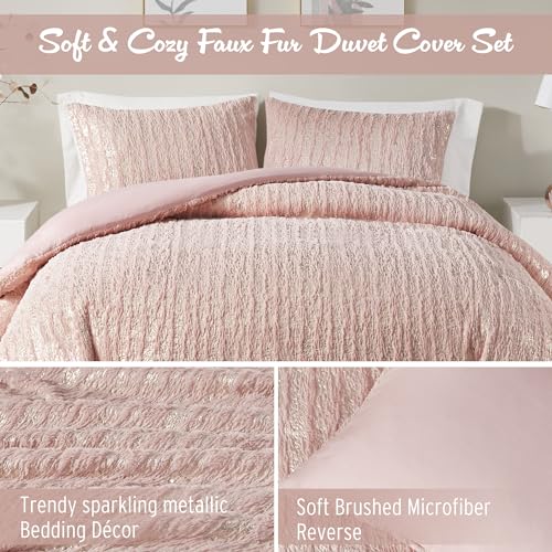 Intelligent Design Full Duvet Cover Set, Faux Fur Duvet Cover Set, Trendy Metallic Duvet Covers, All Season Soft Microfiber Bedding Cover, Matching Sham, Naomi, Full/Queen, Blush/Gold 3 Piece - Thumbnail 3