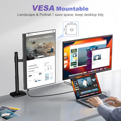 Image of 18.5 Inch Portable Monitor, FHD 120Hz IPS HDR 125% sRGB USB-C HDMI External Travel Monitor with Built-in Speakers, VESA Compatible for Laptop MacBook PC Surface PS5 Xbox