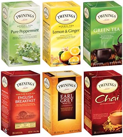 Twinings Variety Pack Tea Bags, 25 Count (Pack of 6) (English Breakfast, Earl Grey, Lemon Ginger, Peppermint, Green, Chai)