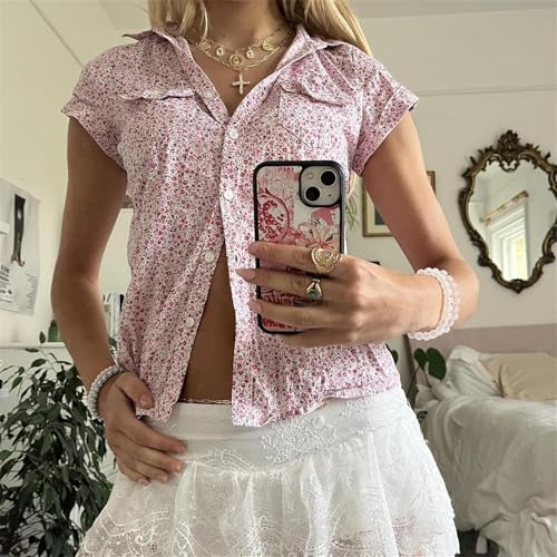 Image of Y2k Girls Vintage Coquette Button Down Shirt Women Short Sleeve V-Neck Slim Fitted T-Shirt Cute Blouse Crop Top