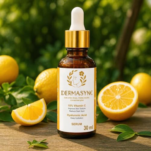 Image of DERMASYNC 15% Vitamin C Face Serum with Hyaluronic Acid - Brightening, Hydrating & Anti-Aging Serum for Glowing Skin, Glow Boosting, Anti-Aging, Dark Spot Corrector for Radiant Skin (30ml)
