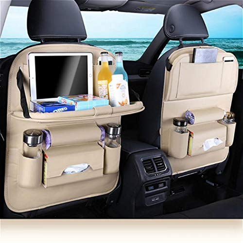HEYLOVE Car Seat Protector+Backseat Organizer with Tablet Holder and Foldable Tray, Durable Quality Seat Covers,Luxury PU Leather Car Seat Back Organizer,Travel Accessories Organizer.（Beige 2-pack）